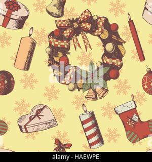 Noël ou Nouvel an hand drawn seamless vector couleur tendance. Symboles et attributs de dessin, style vintage, gerbe, ornements, des cadeaux, des bougies, chaussette. Grunge fond papier brun clair. Illustration de Vecteur