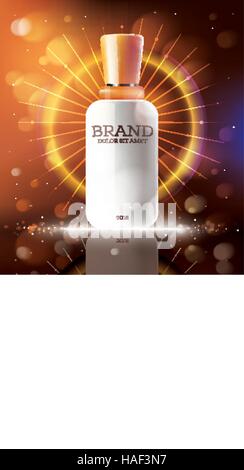 Annonces cosmétique Modèle avec bouteille blanche. Vector Illustration. Maquette esthétique avec des lignes de néon et de lumières. La protection contre le soleil. Illustration de Vecteur