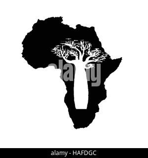 Silhouette vecteur d'Afrique noire avec l'intérieur blanc silhouette de baobab. Illustration de Vecteur