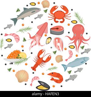 Icônes de fruits de mer situé dans la forme ronde, plat traditionnel. Collection de mer isolé sur fond blanc. Les produits de la pêche maritime, l'élément de conception de repas. Vector illustration. Illustration de Vecteur