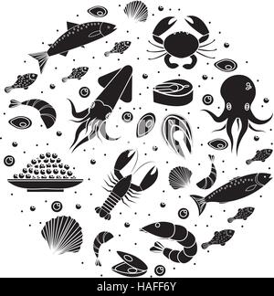 Icônes de fruits de mer situé dans la forme ronde, silhouette noire. Collection de mer isolé sur fond blanc. Les produits de la pêche maritime, l'élément de conception de repas. Vector illustration. Illustration de Vecteur