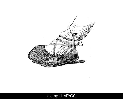 Shoe fashion du passé, une chaussure d'un paysan de Russie, moyen-âge ou plus tôt, gravure sur bois de l'année 1880 Banque D'Images