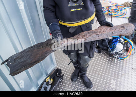 Wismar, Allemagne. 30Th Nov, 2016. Le plongeur recherche Dirk Hering est titulaire d'un morceau de bois d'un cog médiévale qui ont été extraites à partir du port de Wismar, Allemagne, 30 novembre 2016. Les archéologues ont commencé à découvrir deux épaves médiévales de la mer baltique, accompagné par temps orageux. Les navires ont été remonte à la 13e et 14e siècle par l'analyse des fragments de bois récupéré. Photo : Jens Büttner/dpa-Zentralbild/dpa/Alamy Live News Banque D'Images