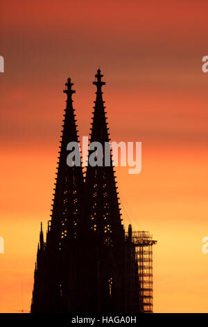 Cologne, Allemagne. 30Th Nov, 2016. Les doubles flèches de la cathédrale de Cologne peut être vu comme une ombre géante contre orange ciel au coucher du soleil à Cologne, Allemagne, 30 novembre 2016. Photo : Marius Becker/dpa/Alamy Live News Banque D'Images