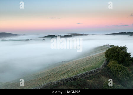 À l'ouest le long de falaises Cawfield, mur d'Hadrien, Northumberland - une aube voir avec le brouillard de faible altitude sur les champs Banque D'Images