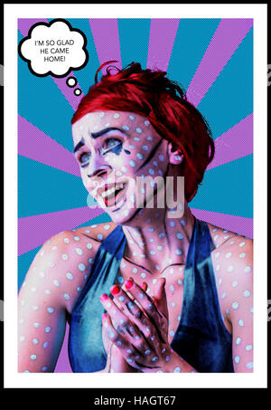 En mode portrait pop art style bande dessinée de femme aux cheveux rouge déterminé à pois blancs, bleu larmes et le contourage sur la peau Banque D'Images