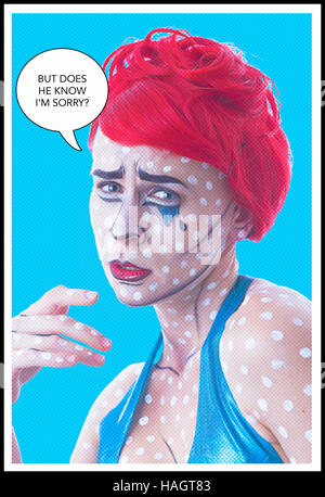 En mode portrait pop art style bande dessinée de femme aux cheveux rouge déterminé à pois blancs, bleu larmes et le contourage sur la peau Banque D'Images