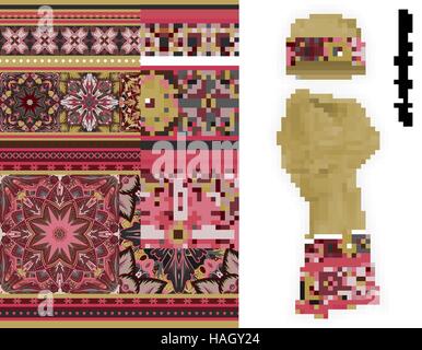 Définir des frontières ethniques de vecteur. Couleurs marron rose motif fleurs mandala. Décoration florale sur la frontière en tricot chaud beige foulard et cap maquette. Illustration de Vecteur