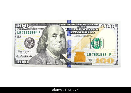 Close up of hundred dollar isoler sur fond blanc. Banque D'Images