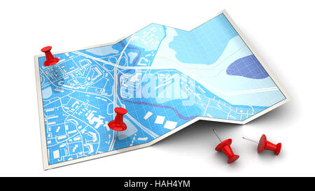 3d illustration de carte de la ville avec les axes rouges, sur fond blanc Banque D'Images