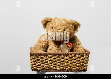 Le jouet ours dans panier isolé sur fond gris Banque D'Images