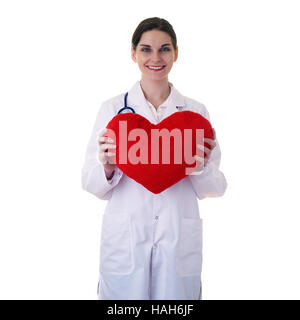 Femme médecin chercheur assistant en blanc manteau sur fond isolé Banque D'Images