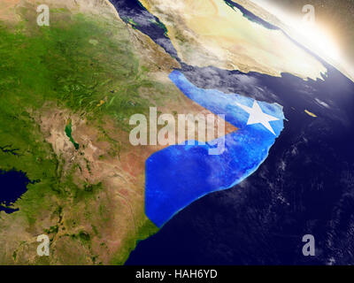 La Somalie avec des drapeaux sur la surface de la planète pendant le lever du soleil. Illustration 3D réaliste très détaillées avec surface de la planète et visibles de la ville. El Banque D'Images