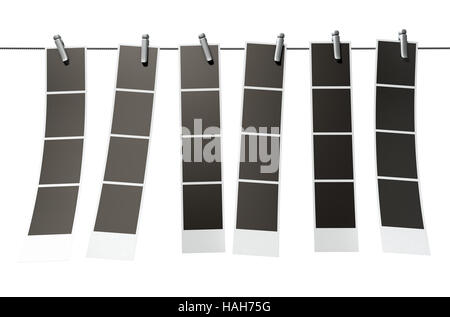 Un rendu 3D d'une galerie de six bandes de photos vierges d'un instant photo booth fixé sur un câble en acier sur un fond isolé Banque D'Images