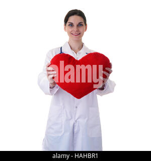 Femme médecin chercheur assistant en blanc manteau sur fond isolé Banque D'Images