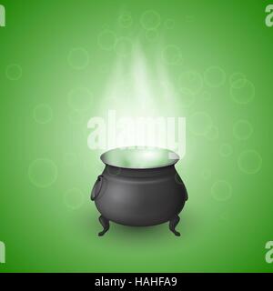 Cartoon Halloween sorcière chaudron de potion et réaliste avec des flammes sur fond vert avec des bulles. Pot noir avec magie bouillonnante brew. Vector illustration. Illustration de Vecteur