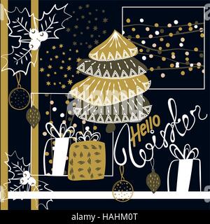 Noël arrière-plan. Modèle sans couture pour les vacances d'hiver. Nouvelle Année. Arbre de Noël, cadeaux, décorations de fête, gui Illustration de Vecteur