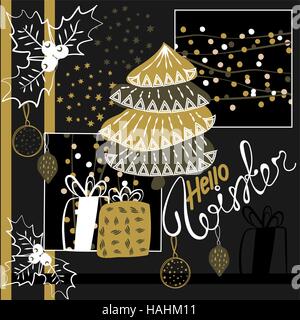 Noël arrière-plan. Modèle sans couture pour les vacances d'hiver. Nouvelle Année. Arbre de Noël, cadeaux, décorations de fête, gui Illustration de Vecteur