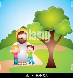 Caricature Jésus homme avec les enfants dans le parc. design coloré. vector illustration Illustration de Vecteur