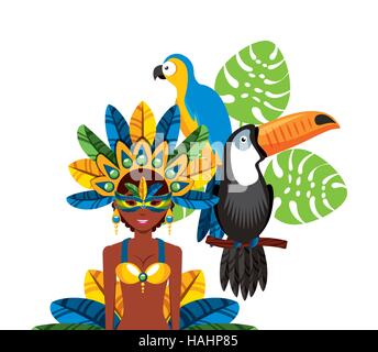 Cartoon danseuse brésilienne et femme et toucan oiseaux ara sur fond blanc. design coloré. vector illustration Illustration de Vecteur