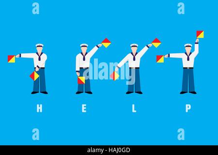 Modèle plat, agitant des drapeaux, les marins du signal word orthographe aide avec système de sémaphore drapeau Illustration de Vecteur