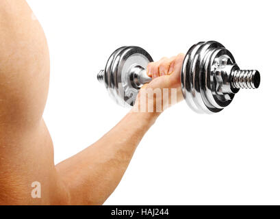 Avec bodybuilder dans la main d'haltère isolated on white Banque D'Images