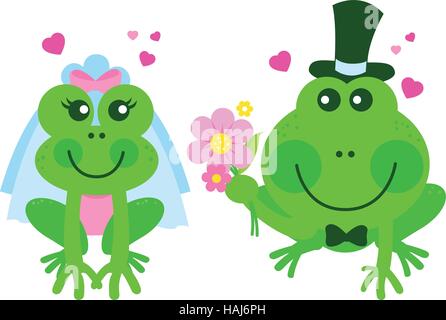 Mariage grenouilles. Mignonne mariée et mariée grenouilles et crapauds se marient. Cérémonie de mariage des personnages de grenouille de dessin animé. Illustration vectorielle Illustration de Vecteur