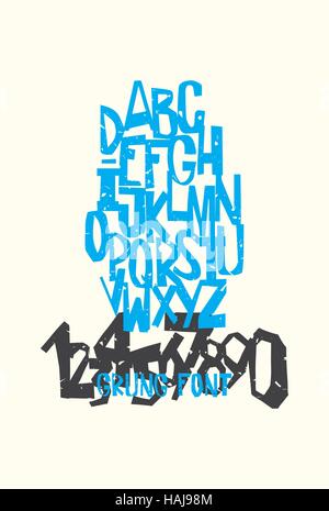 Lettres alphabet grunge drôle avec les chiffres en style retro Illustration de Vecteur