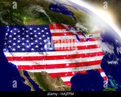 USA avec des drapeaux sur la surface de la planète pendant le lever du soleil. Illustration 3D réaliste très détaillées avec surface de la planète et visibles de la ville. Elemen Banque D'Images