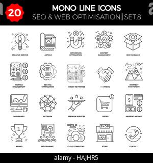 Fine ligne Icons Set d'optimisation de moteur de recherche, site Web et APP Design et développement. Ligne Mono Pack simple pictogramme. Avc logo Vector Concept Illustration de Vecteur