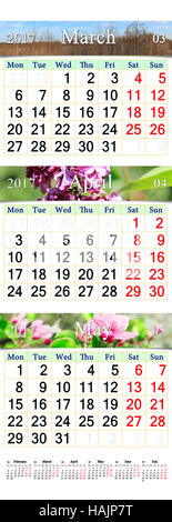 Triple bureau calendrier de Mars Avril et mai 2017 avec des photos de nature printemps Banque D'Images