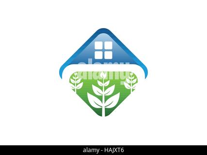 Logo maison, immobilier naturel sain, l'icône home square vecteur conception symbole plantes abris Illustration de Vecteur