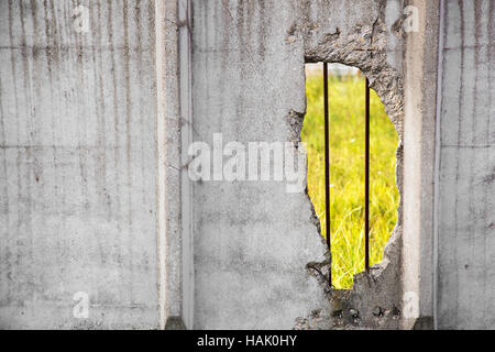 Béton vieux clôture avec grand trou et herbe verte derrière Banque D'Images