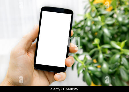 Main tenant un téléphone avec écran blanc dans la chambre Banque D'Images