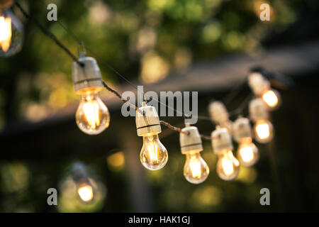 Piscine string lights hanging on a line in backyard Banque D'Images