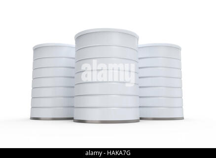 Métal blanc peut, rendu 3D contenant du lait en poudre isolé sur fond blanc, 3 canettes vides pour la conception Banque D'Images