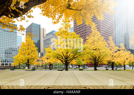 Les feuilles d'automne à Tokyo, Japon. Table de pique-nique dans le parc avec Ginko jaune feuilles à l'automne. Banque D'Images