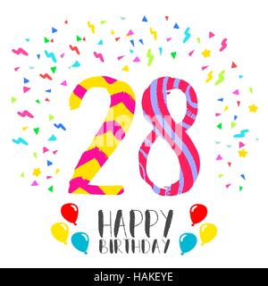 Joyeux anniversaire numéro 28, carte de souhaits pour vingt huit ans dans fun art style avec partie de confettis. Invitation anniversaire, félicitations Illustration de Vecteur