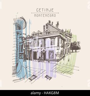 Dessin sépia de Cetinje street - ancienne capitale en Monten Illustration de Vecteur