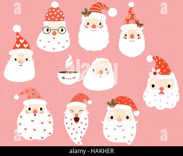 Cute funny Santa Claus hipster et têtes et visages avec chapeau et barbe blanche avec des coeurs et des points Illustration de Vecteur