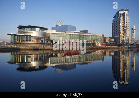 Musée Lowry Manchester Salford Quays Détail/close up front de réflexion copyspace theatre et gallery complexe situé sur la jetée 8 Architecte Banque D'Images