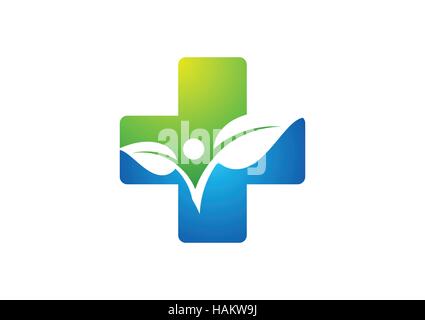 L'icône de santé médecine logo, logo, icône de l'usine de croix et l'icône symbole de la nature, le concept de la santé de personnes conception vectorielle Illustration de Vecteur