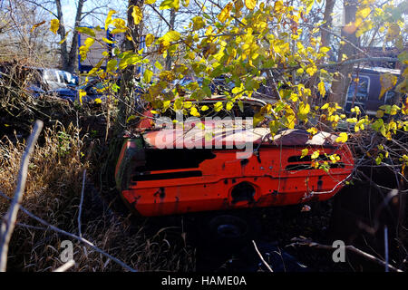 Une vieille Pontiac Firebird est assis loin de rouille dans un junkyard à Frankfort, en. Banque D'Images