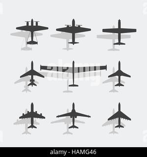 Les avions de papier papier noir et combattants icon set. Illustration de Vecteur