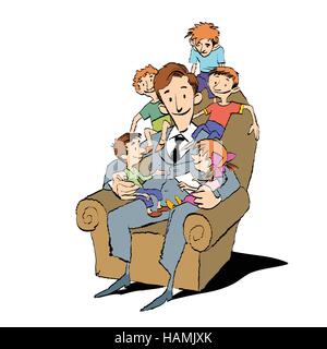 Grande famille, papa dans une chaise avec des enfants Illustration de Vecteur