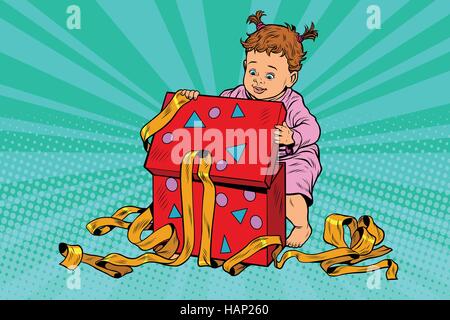 Pop art fille ouvre la boîte cadeau Illustration de Vecteur