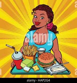 Jeune femme de style de vie et un déjeuner dans le fast food restaurant Illustration de Vecteur