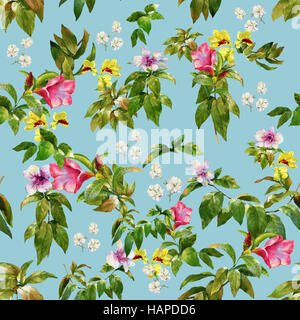 Illustration à l'aquarelle de feuilles et de fleurs, motif transparent sur fond bleu Banque D'Images