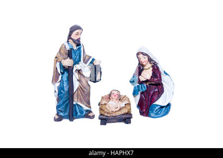 Figurines de la nativité sur fond blanc Banque D'Images