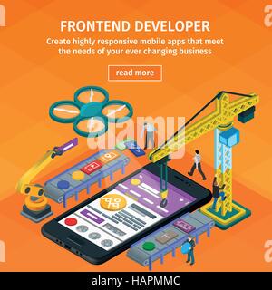 Frontend developer app. Smartphone 3d plat noir. Développement d'applications mobiles télévision 3D isométrique style. Illustration de Vecteur